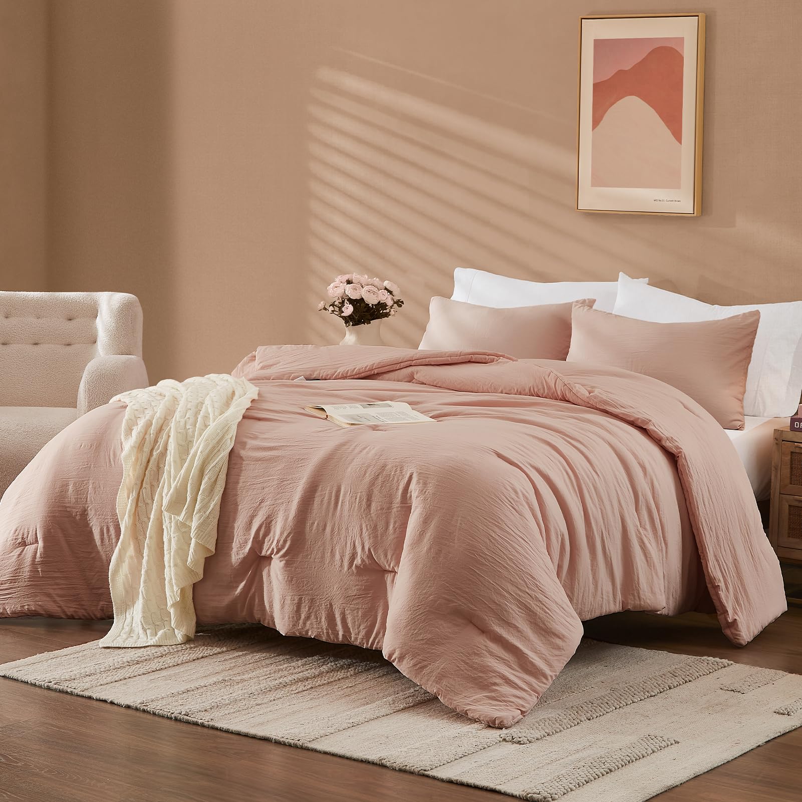 Wrensonge Comforter Full Size, 3 Piece Dusty Pink Soft Microfiber Full Size Comforter Sets(1 Fluffy Full Size Comforter With 2 P